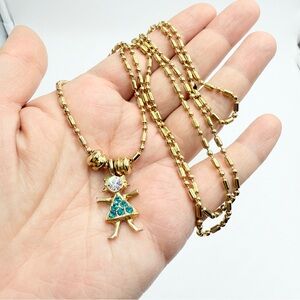 KIS USA Vintage Girl Charm Necklace Gold Tone Birthstone Rhinestone Pendant